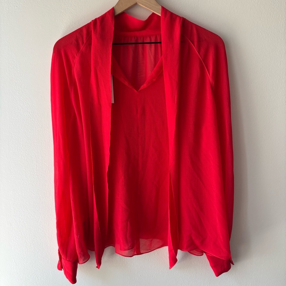 KENZO High Neck‎ Red Sheer Tie Back Tunic Blouse NWT Sz 42/US12/L - Picture 2 of 7